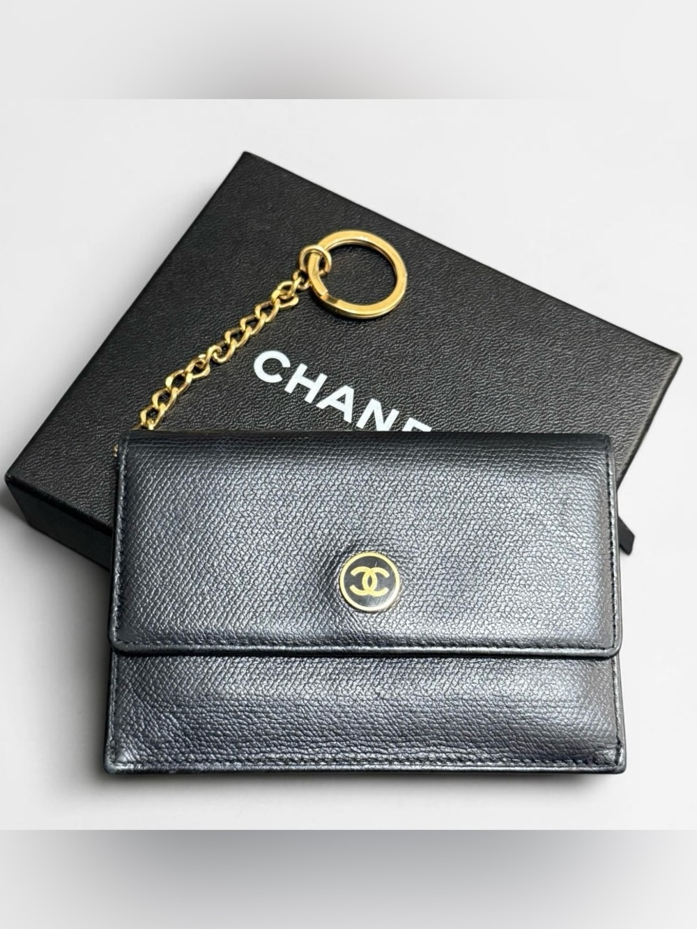 CHANEL Black Leather Card Holder with Gold Chain Key Ring